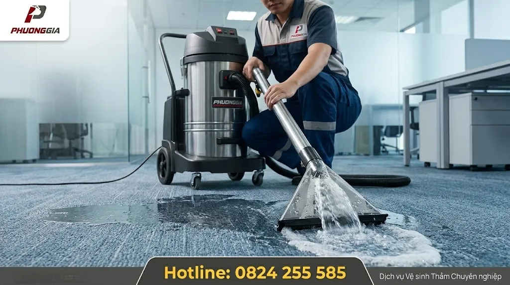 Máy hút khô-ướt rút nước trên bề mặt thảm văn phòng