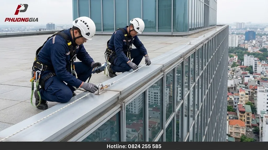 Kiểm tra điểm neo và đường đi dây trước khi tiếp cận mặt dựng