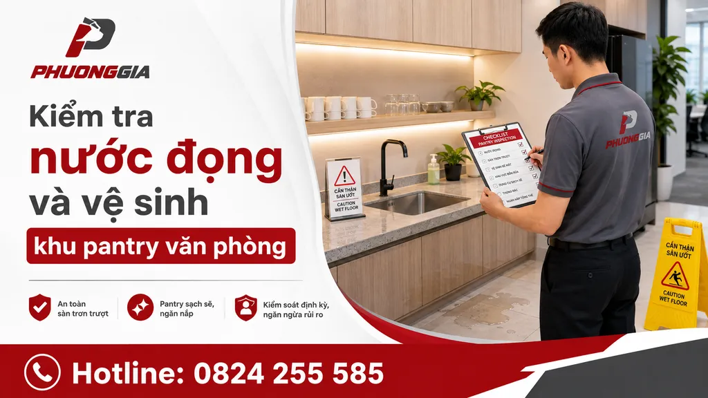 Nhân viên kiểm tra nước đọng và chất lượng vệ sinh khu pantry văn phòng