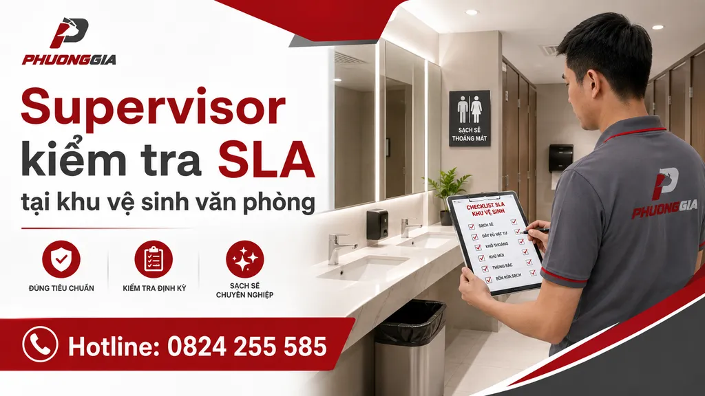 Supervisor kiểm tra SLA tại khu vực nhà vệ sinh văn phòng