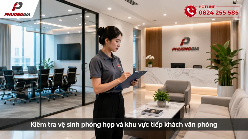 Kiểm tra vệ sinh phòng họp và khu vực tiếp khách văn phòng