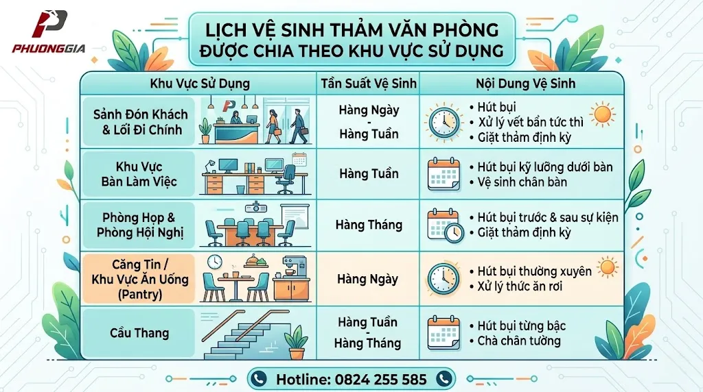 Lịch vệ sinh thảm văn phòng được chia theo khu vực sử dụng