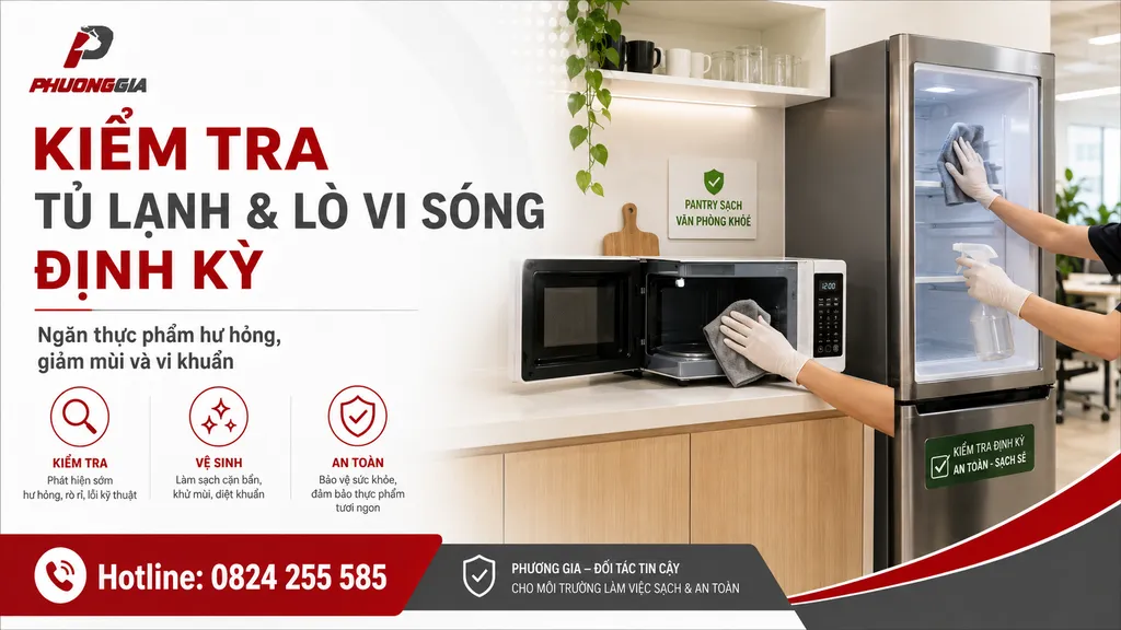 Lò vi sóng và tủ lạnh trong pantry văn phòng cần kiểm tra định kỳ