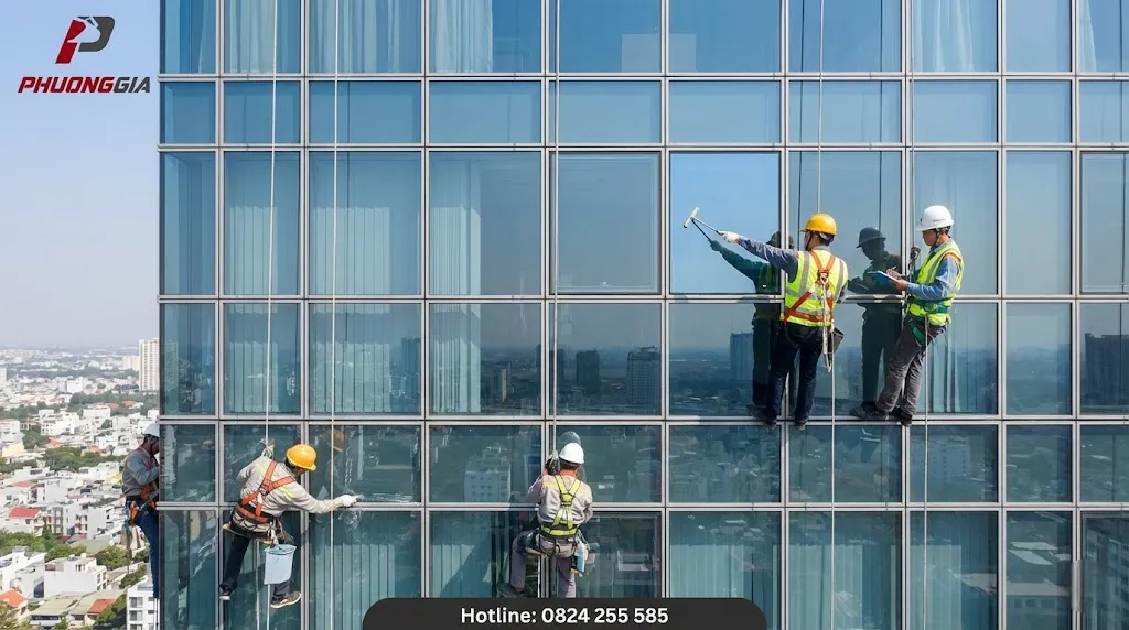 Nghiệm thu theo ô khi làm sạch kính mặt ngoài tòa nhà