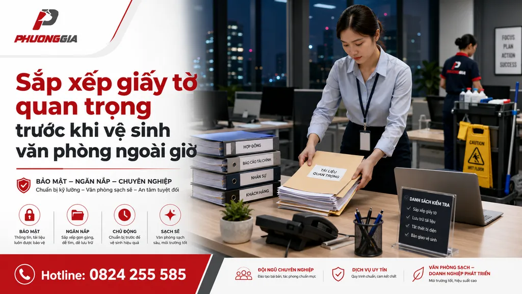 Sắp xếp giấy tờ quan trọng trước khi vệ sinh văn phòng ngoài giờ