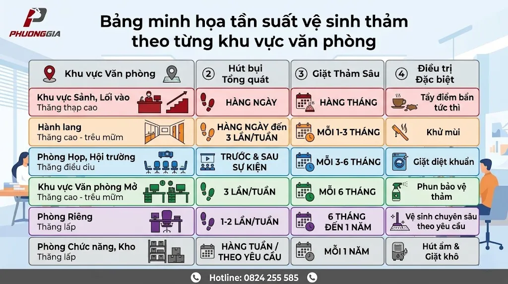 Bảng minh họa tần suất vệ sinh thảm theo từng khu vực văn phòng