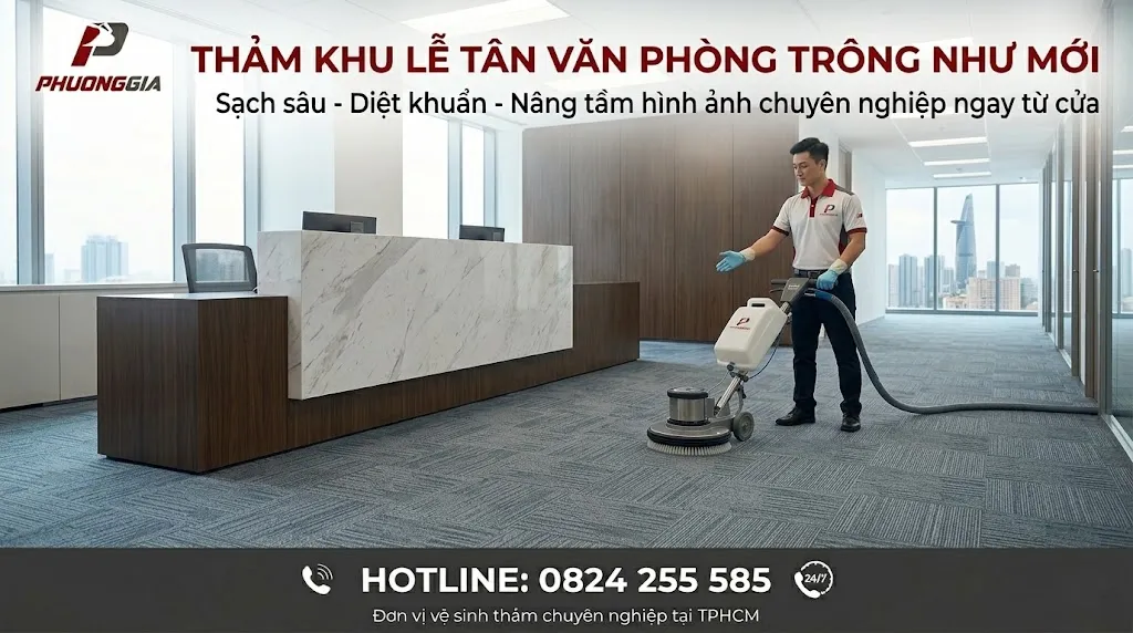 Thảm khu lễ tân văn phòng sạch hơn sau khi vệ sinh