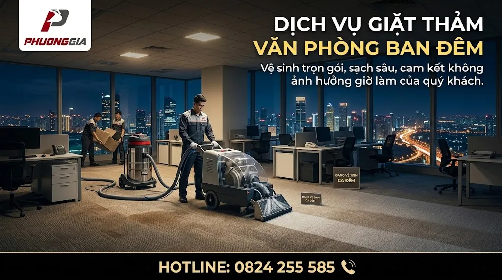Thi công giặt thảm văn phòng buổi tối để không ảnh hưởng giờ làm