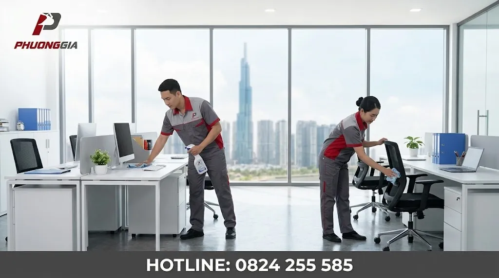 Nhân viên vệ sinh lau bàn ghế và khu vực làm việc trong văn phòng