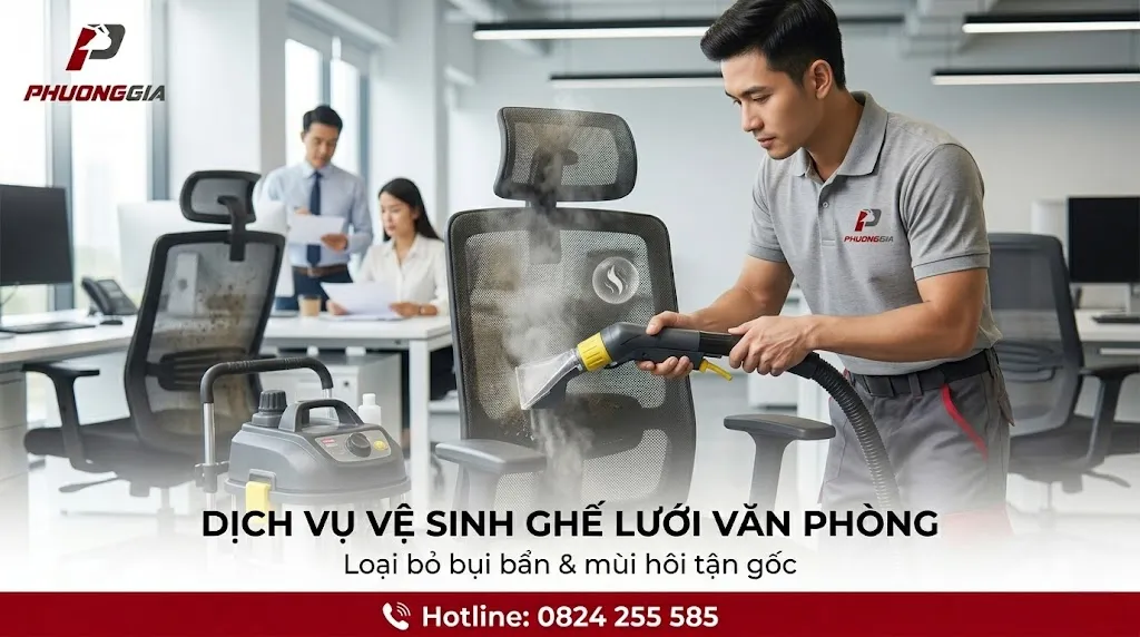 Nhân viên vệ sinh ghế lưới văn phòng bám bụi và mùi