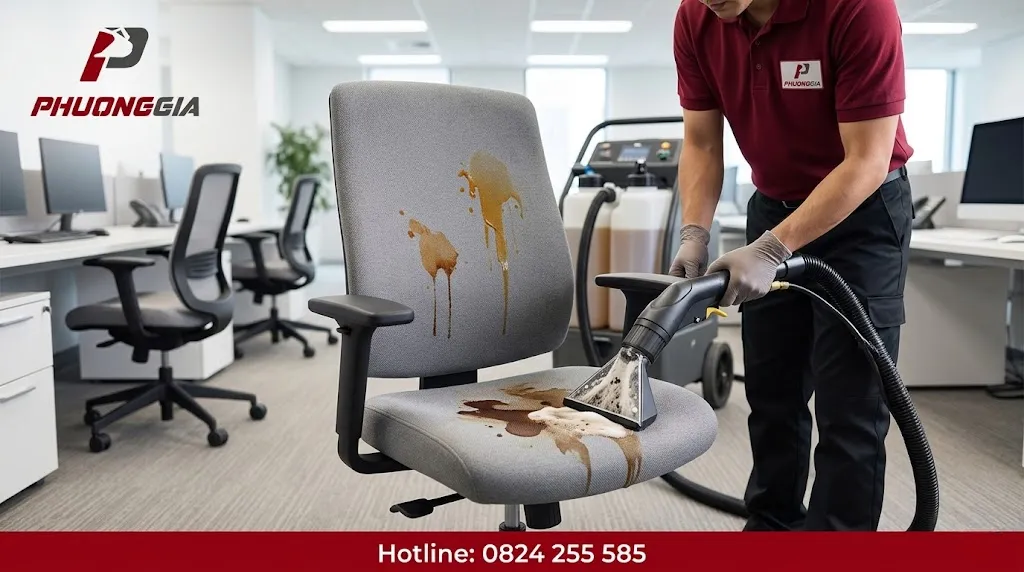 Vệ sinh ghế nỉ văn phòng có vết bẩn cà phê và đồ uống