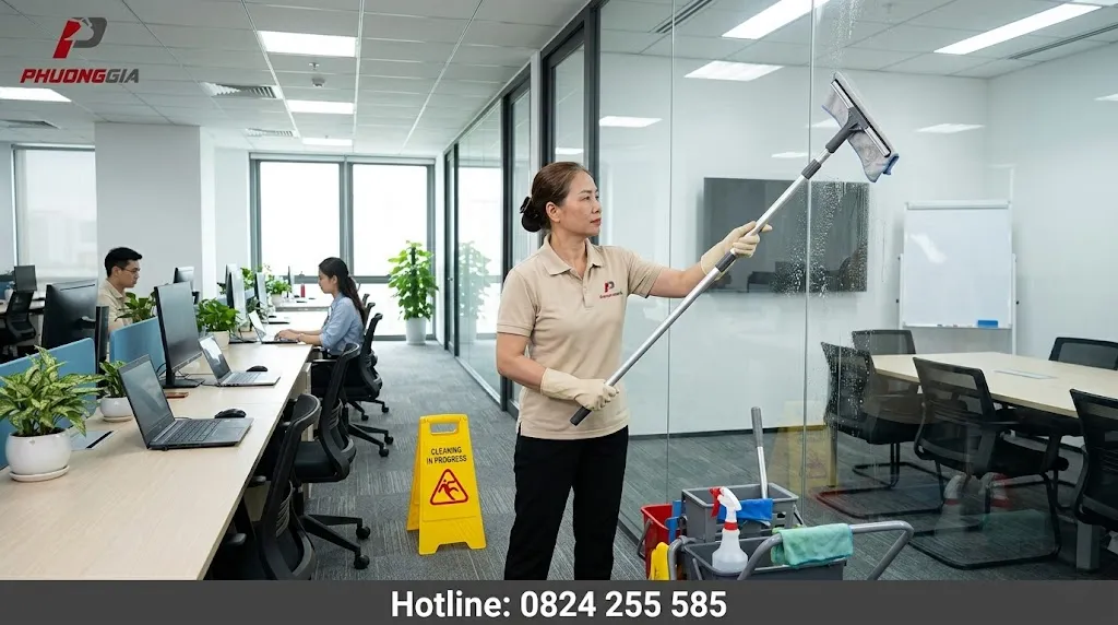 Nhân viên đang vệ sinh vách kính mặt trong tại khu làm việc văn phòng