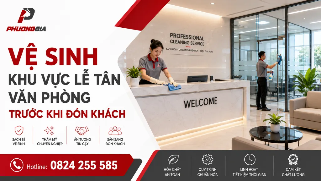 Vệ sinh khu vực lễ tân văn phòng trước khi đón khách