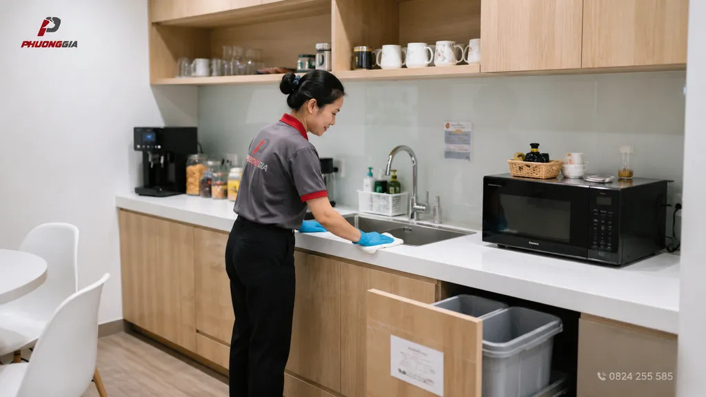 Vệ sinh khu pantry trong văn phòng nhỏ có nhân viên sử dụng hằng ngày