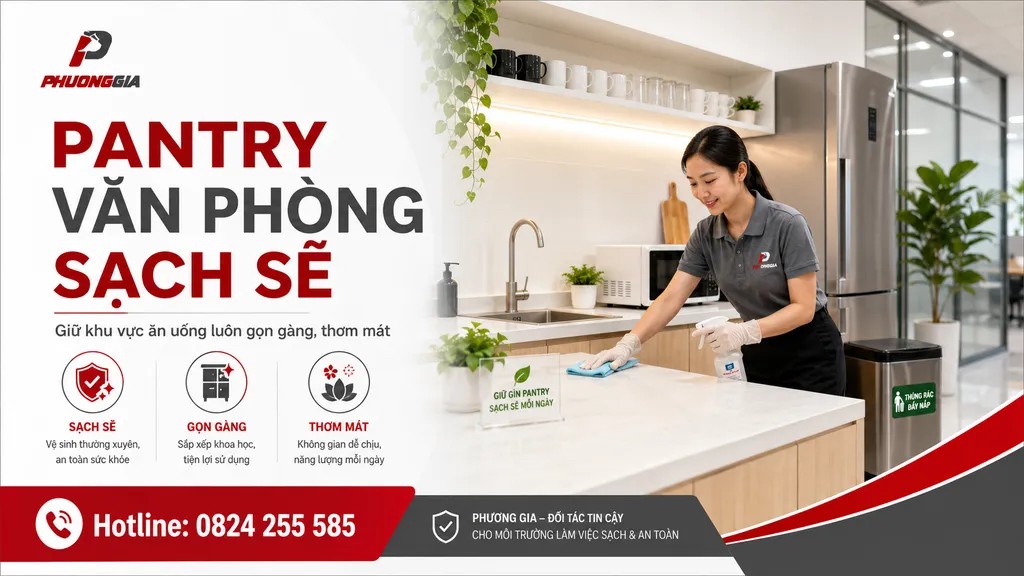 Nhân viên vệ sinh lau dọn khu pantry văn phòng sạch sẽ