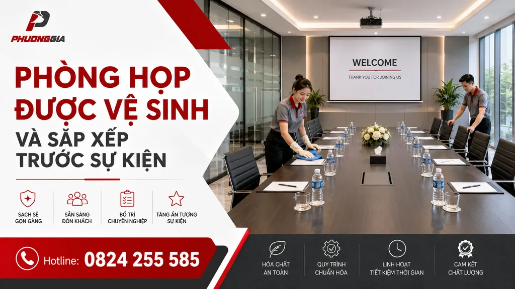 Phòng họp được vệ sinh và sắp xếp trước sự kiện
