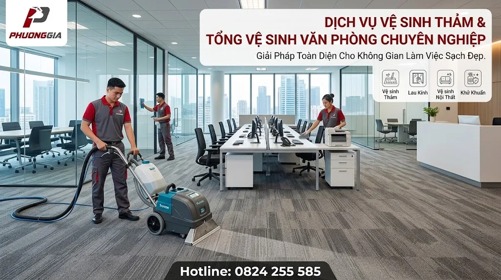 Kết hợp vệ sinh thảm với tổng vệ sinh văn phòng chuyên nghiệp