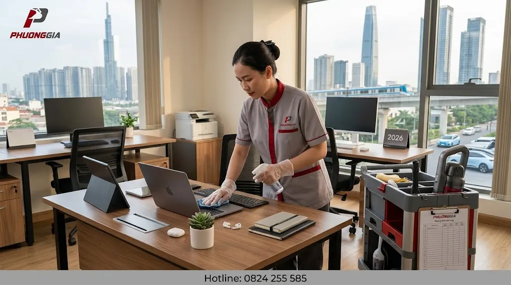 Nhân viên vệ sinh đang làm sạch văn phòng nhỏ theo gói tính giờ