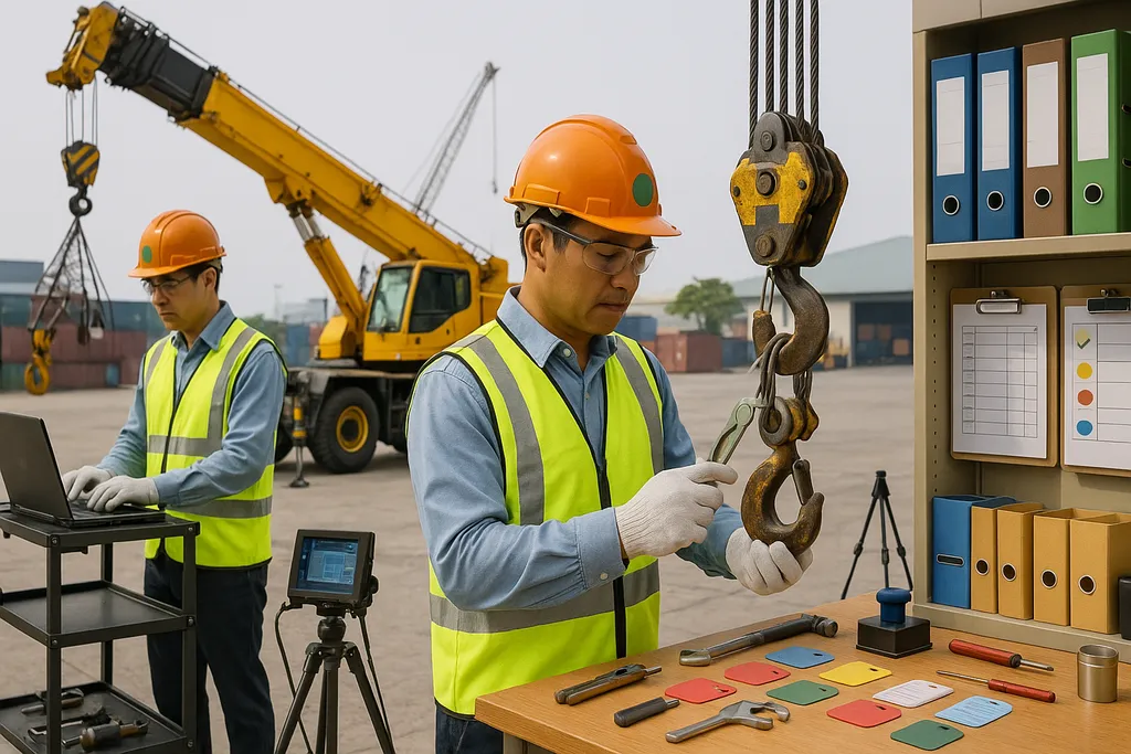 Kiểm định và bảo trì định kỳ móc cẩu, dây cáp, và thiết bị nâng hạ an toàn.