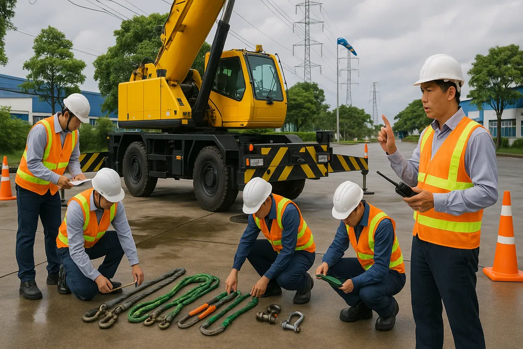 Kiểm tra kỹ lưỡng dây cáp, sling, ma ní và các thiết bị phụ trợ khác trước khi vận hành xe cẩu.
