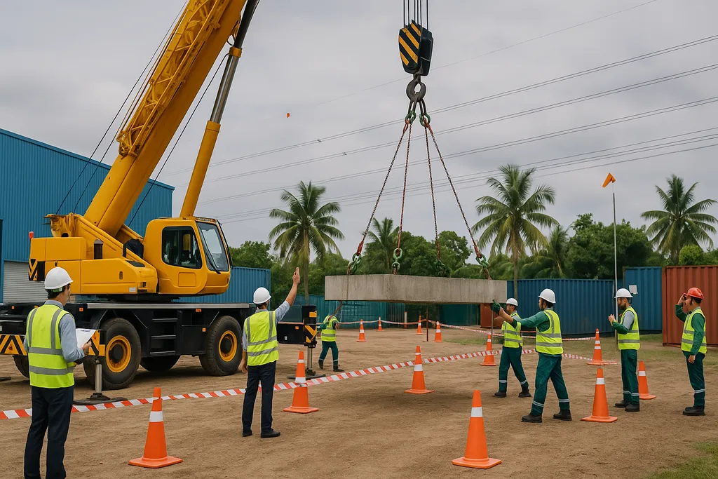 Quy trình nâng hạ khối vật liệu lớn bằng xe cẩu đúng kỹ thuật, có giám sát và đội ngũ hỗ trợ an toàn.