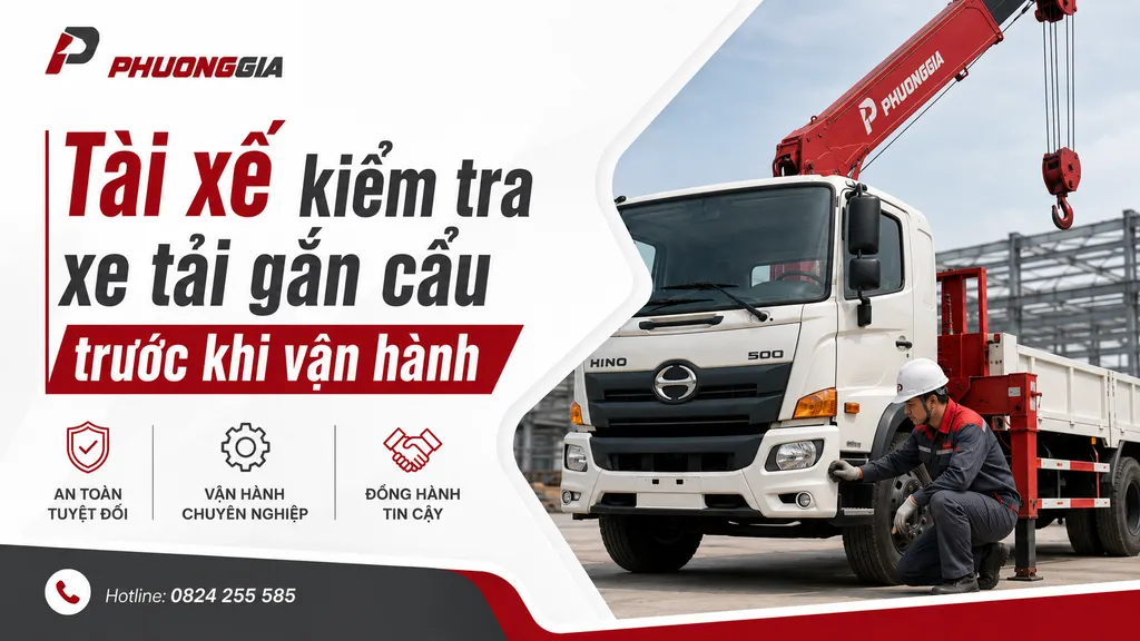 Tài xế kiểm tra xe tải gắn cẩu trước khi vận hành