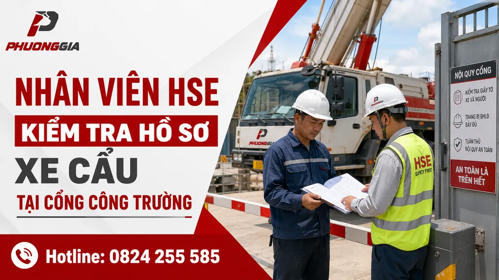 Nhân viên HSE kiểm tra hồ sơ xe cẩu tại cổng công trường