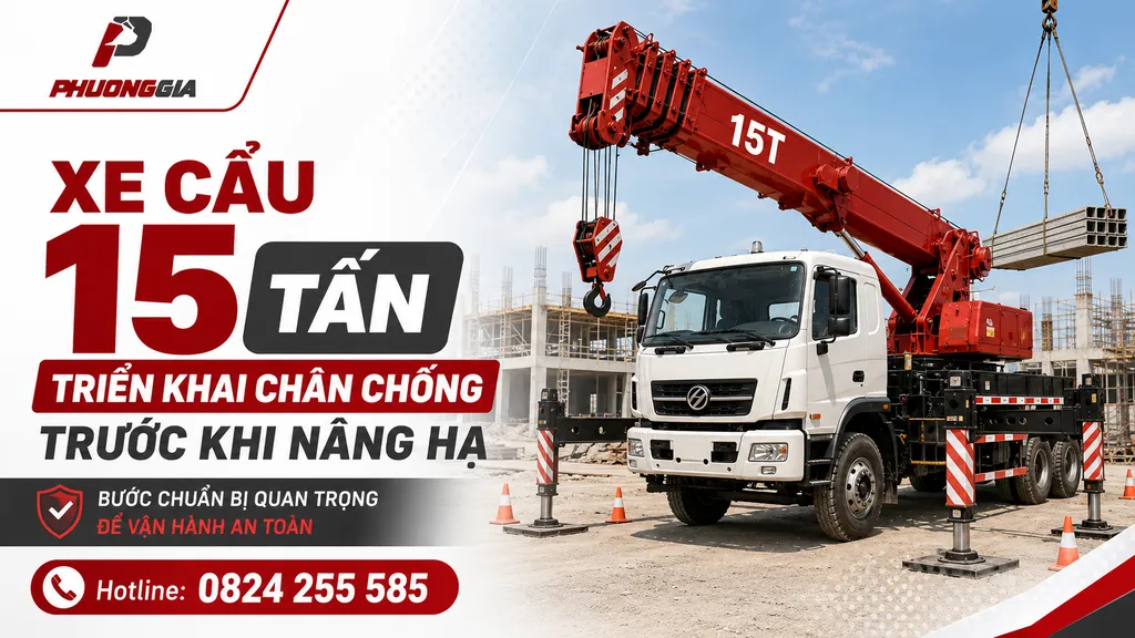 Xe cẩu 15 tấn triển khai chân chống trước khi thực hiện nâng hạ