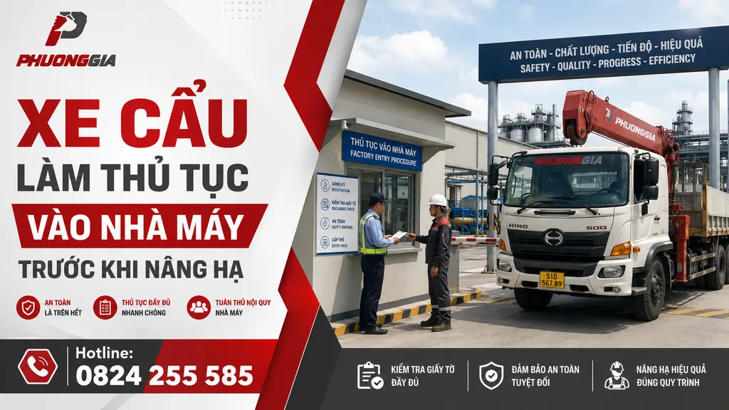 Xe cẩu làm thủ tục vào nhà máy trước khi nâng hạ
