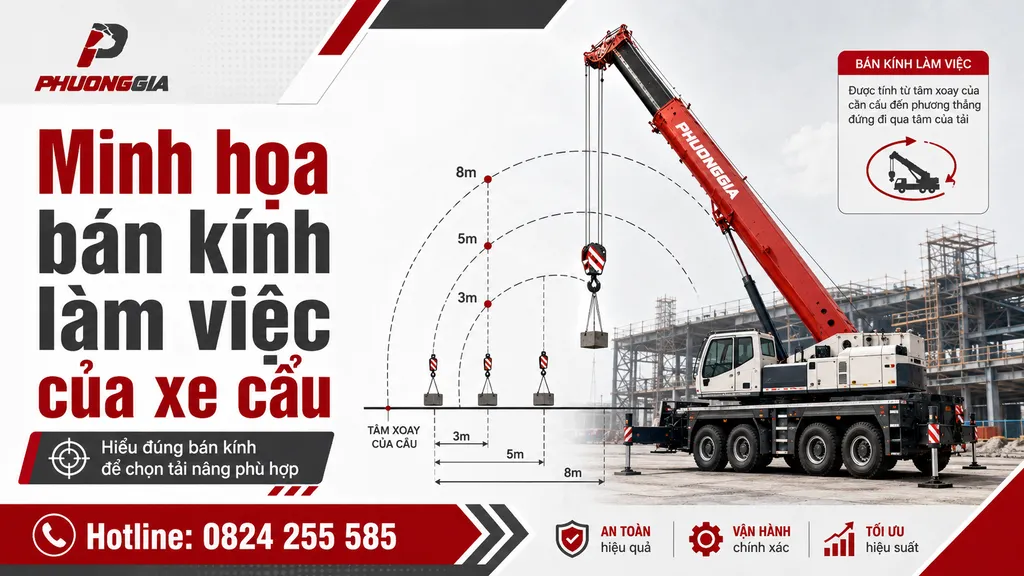 Minh họa bán kính làm việc từ tâm quay đến tải của xe cẩu