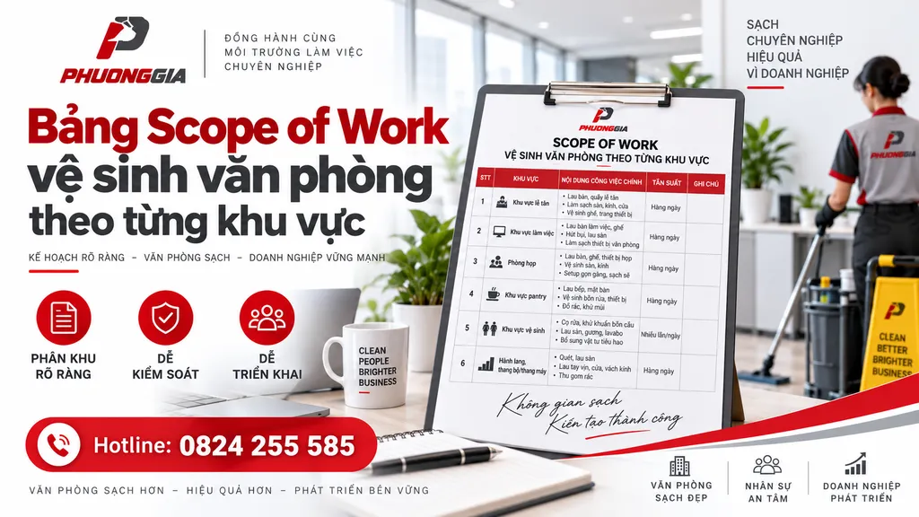 Bảng Scope of Work vệ sinh văn phòng theo từng khu vực