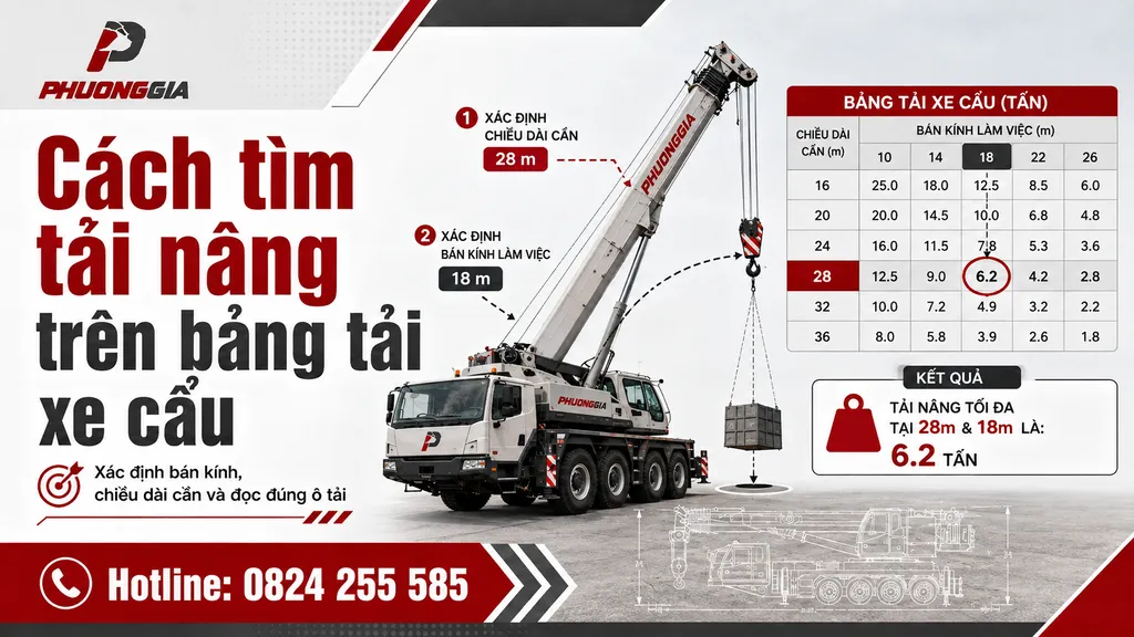 Cách tìm giao điểm bán kính và chiều dài cần trên bảng tải xe cẩu