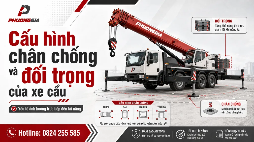 Cấu hình chân chống và đối trọng ảnh hưởng đến tải nâng xe cẩu