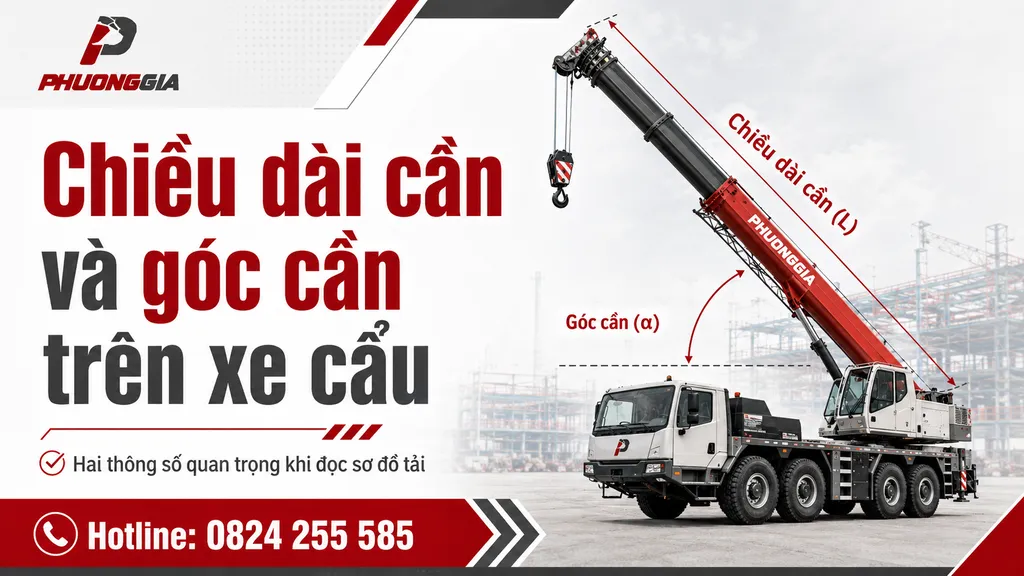 Minh họa chiều dài cần và góc cần khi xe cẩu nâng hàng