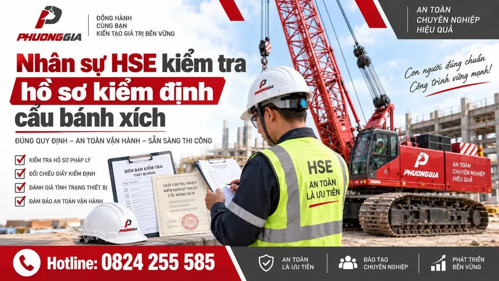 Nhân sự HSE kiểm tra hồ sơ kiểm định cẩu bánh xích