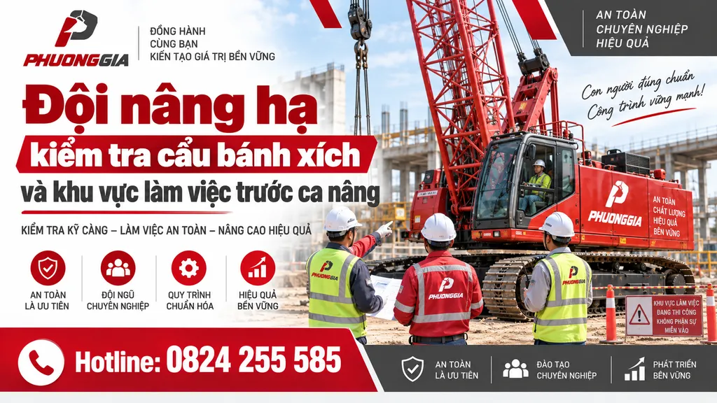 Đội nâng hạ kiểm tra cẩu bánh xích và khu vực làm việc trước ca nâng
