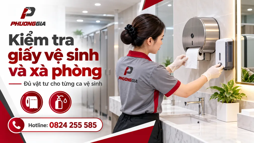 Kiểm tra giấy vệ sinh và xà phòng trong toilet văn phòng