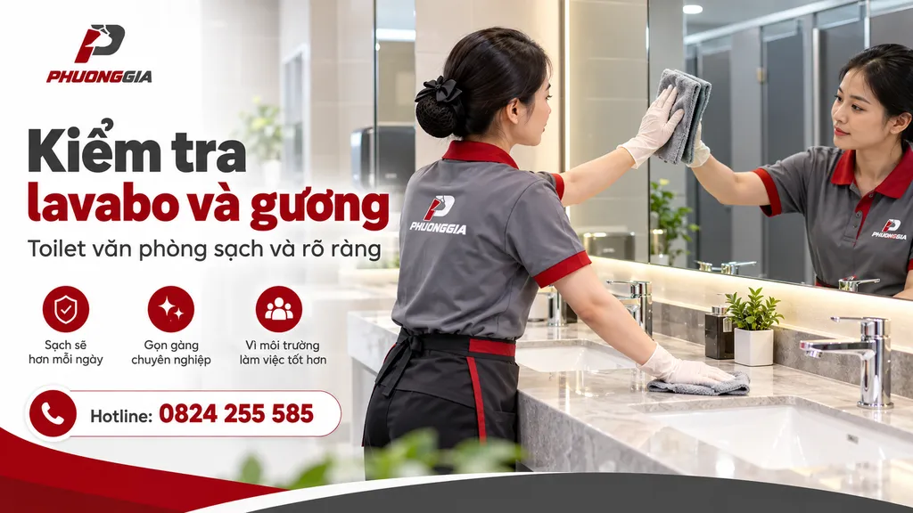 Nhân viên kiểm tra lavabo và gương toilet văn phòng