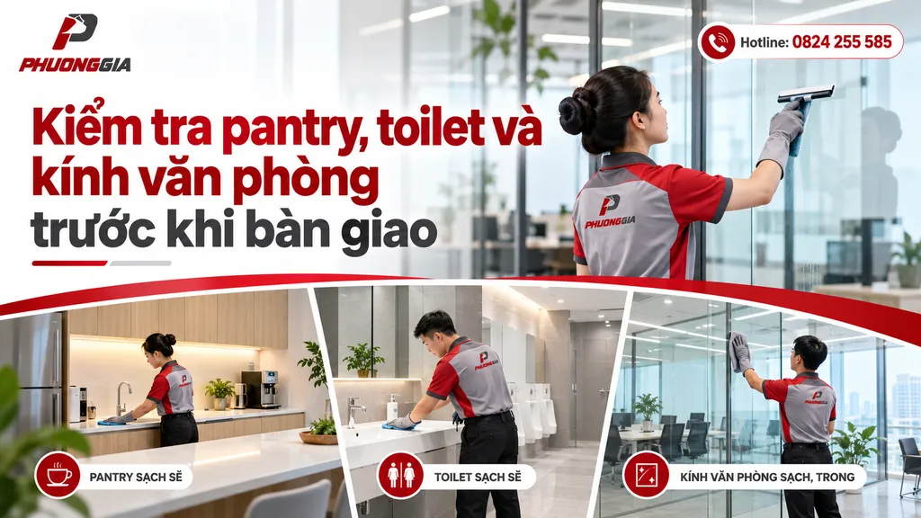 Kiểm tra pantry toilet và kính văn phòng trước khi bàn giao