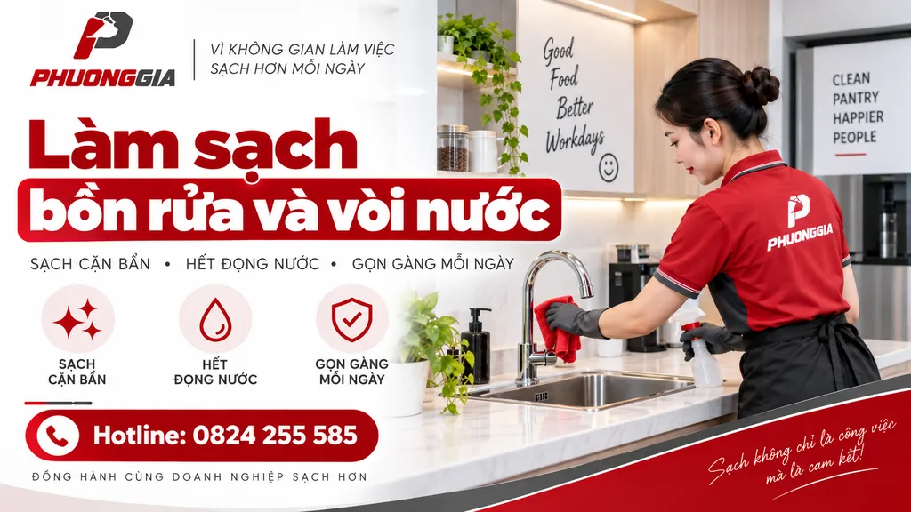 Làm sạch bồn rửa và vòi nước tại pantry văn phòng