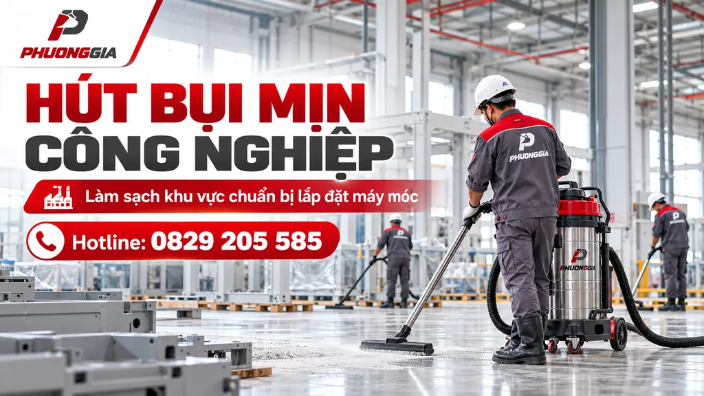 Hút bụi mịn công nghiệp tại khu vực chuẩn bị lắp đặt máy móc