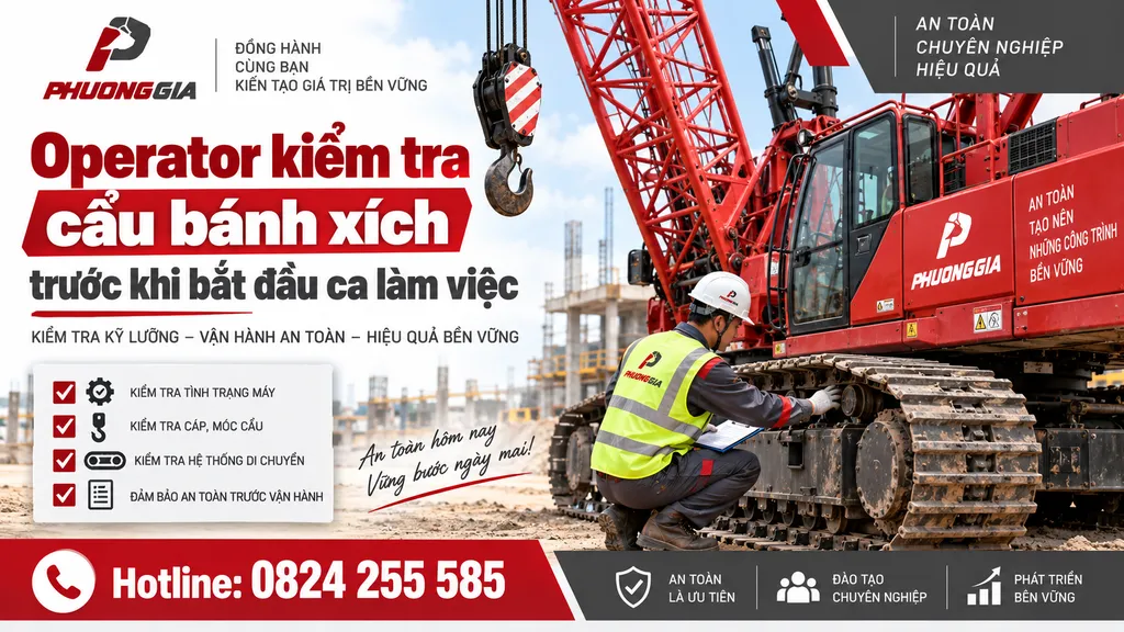 Operator kiểm tra cẩu bánh xích trước khi bắt đầu ca làm việc