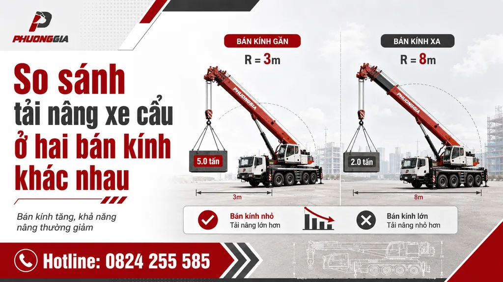 So sánh khả năng nâng của xe cẩu khi bán kính làm việc thay đổi