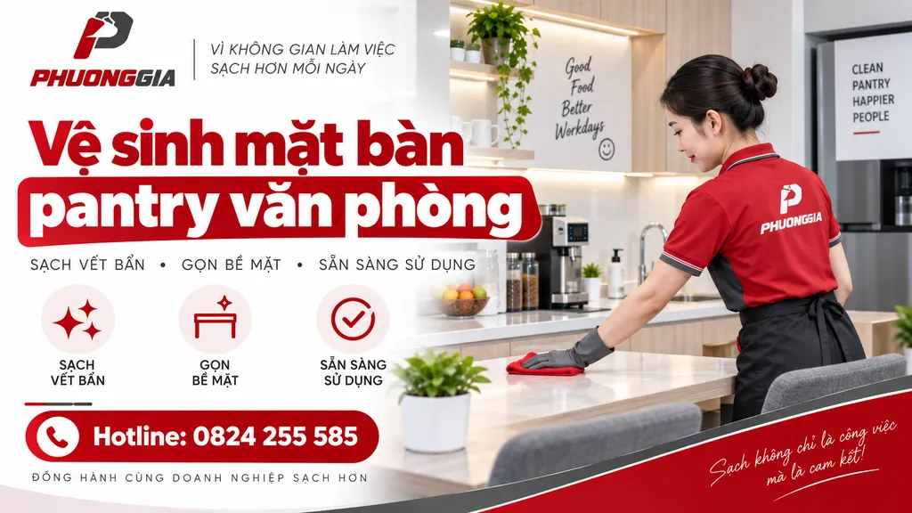 Nhân viên lau sạch mặt bàn pantry văn phòng