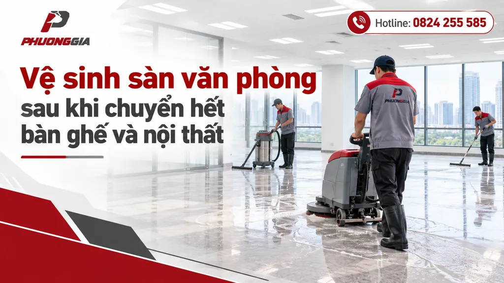 Vệ sinh sàn văn phòng sau khi chuyển hết bàn ghế và nội thất
