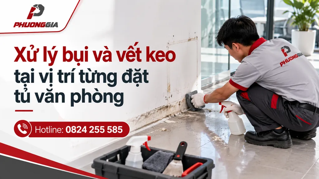 Xử lý bụi và vết keo tại vị trí từng đặt tủ văn phòng