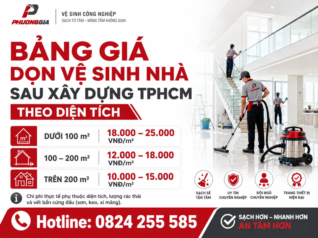 Bảng giá dọn vệ sinh nhà sau xây dựng TPHCM theo diện tích