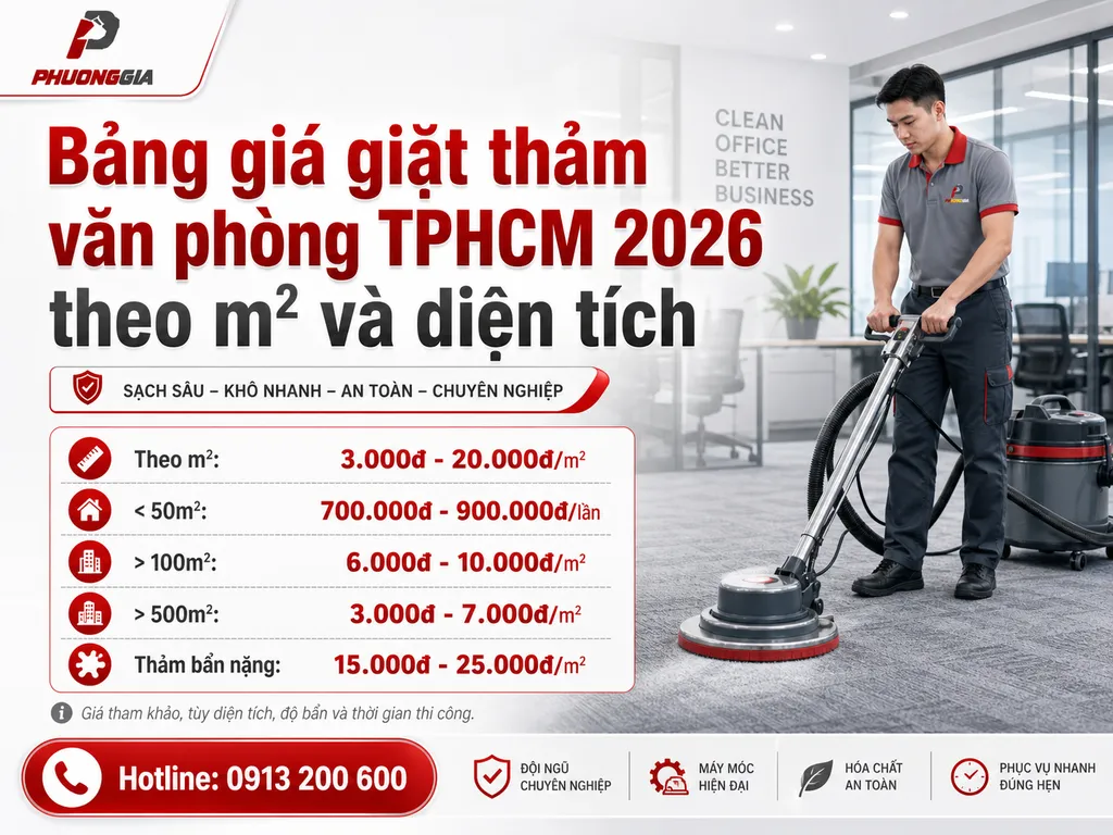 Bảng giá giặt thảm văn phòng TPHCM 2026 theo m² và diện tích