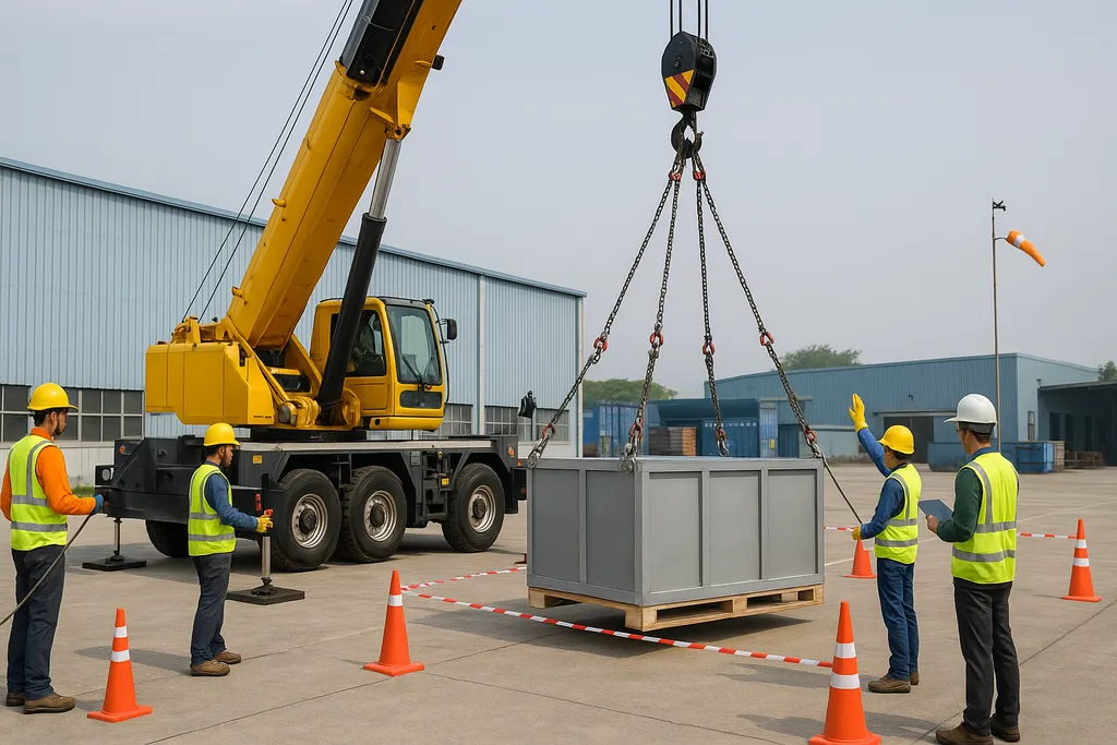 Vận hành xe cẩu nâng thùng hàng an toàn, công nhân tuân thủ hiệu lệnh và giữ khoảng cách trong khu vực cảnh báo.