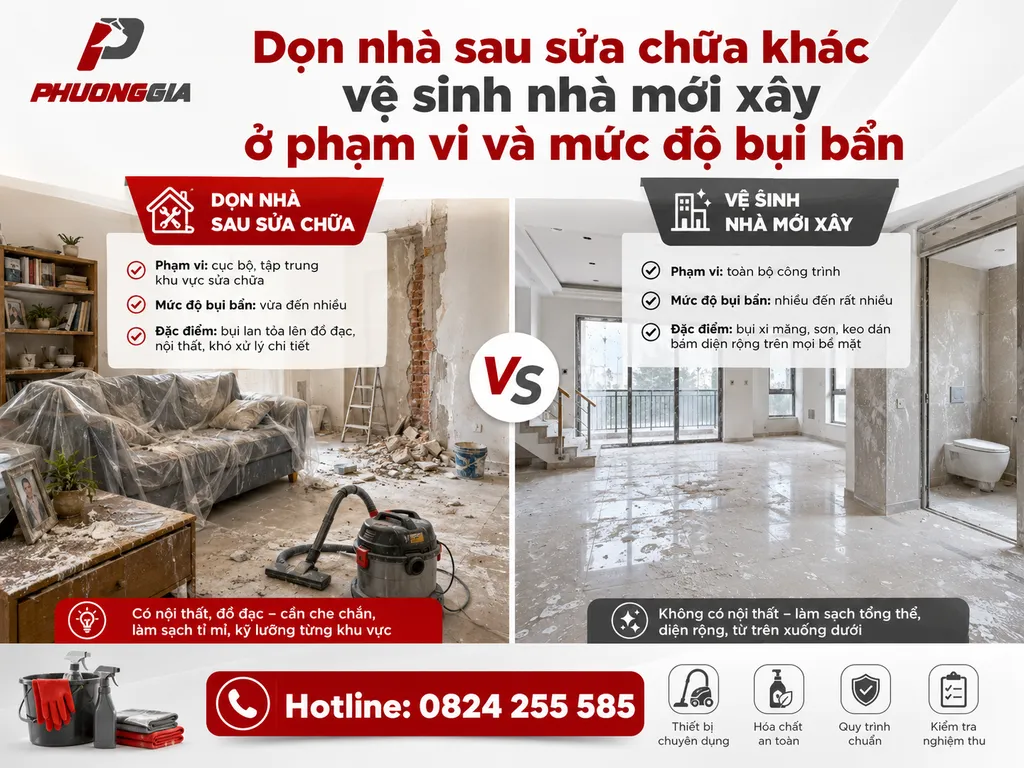 Dọn nhà sau sửa chữa khác vệ sinh nhà mới xây ở phạm vi và mức độ bụi bẩn